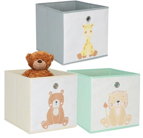 Relaxdays 3er Set, Kinder Aufbewahrungsboxen, süße Tier-Motive, Faltbox für Würfelregale, HBT: 30x30x30 cm, Textil, bunt