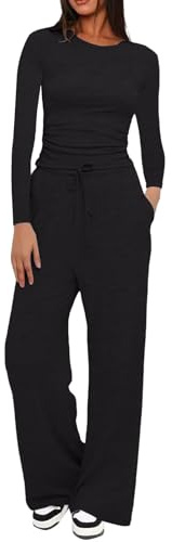 Couawaticy Two Piece Sets for Women Tracksuit Full Set Long Sleeve Tops Drawstring Elasticized Waist Wide Leg Trousers Casual Lounge Wear Co Ord Sets Matching Activewear Gym Sets