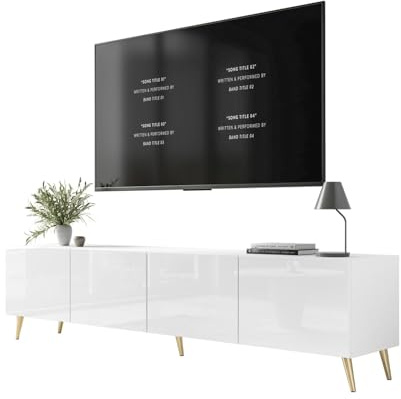 Lookway Moderner TV-Schrank in Weiß Hochglanz, optional mit LED-Beleuchtung auf schrägen Onyx-Beinen – COLGANTE 200 cm (Beine: Gold Chrom, ohne LED Beleuchtung)