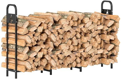 Outsunny Estante de Leña Metálico, 200x30x120 cm, Carga 300 kg, Leñero Exterior con Marco de Acero, Patas Extra Reforzadas y Diseño Recortado de Fogata, Soporte para Leña de Chimenea, para Jardín