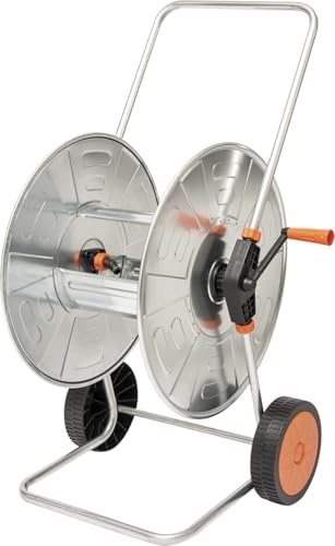 carro portamanguera - estructura metálica robusta, capacidad para 30 m de manguera, ruedas para fácil transporte, diseño compacto y ligero.