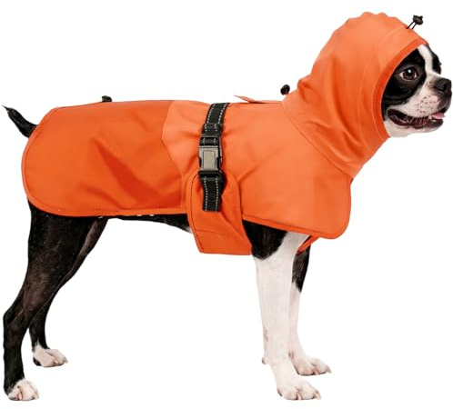 OUOBOB Hunde-Regenmantel für große Hunde mit Kapuze, wasserdicht, reflektierend, mit verstellbarem Kordelzug und Lochabdeckung, winddichter Mantel für Regen, Schnee, Wetter, Outdoor, Spaziergänge
