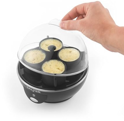 Salter Cocedor de huevos 3 en 1, pochar, cocer y abrir, 6 huevos, 430 W | Vaso medidor incluido, moldes de silicona para tortilla, vasos para pochar, acabado negro, tamaño compacto, fácil de limpiar