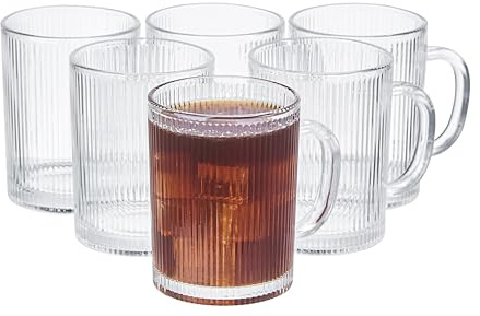 Eden & Willow Glass Coffee Cups 350ml, 6 Pcs Espresso Iced Coffee Cups, Large & Clear Drinking Glassware Mugs, Ribbed Glass Mug for Cappuccino Latte Mocha Flat White, Home Gift Set