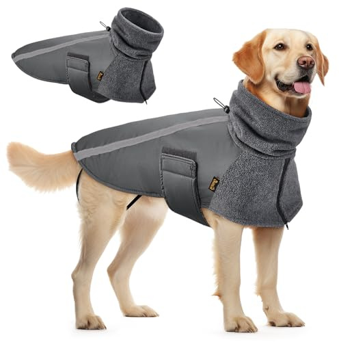 SlowTon Abrigo para Perro Invierno, Cálido Forro Polar para Exteriores con Bufanda De Cuello Alto, Rayas Reflectantes, Chaleco Resistente Al Viento, Juegos Suaves para Mascotas