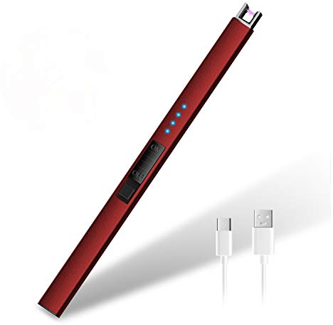 HOTERB Encendedor Electrico,Encendedor Cocina Electrico con Puerto USB Tipo C,Pantalla LED de Batería,Mechero Electrico USB Recargable para Encender Largo el de Vela,Hogar al Aire Libre (Rojo)