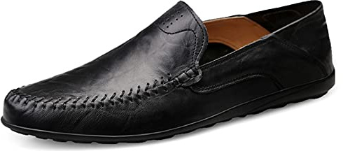 Mens Loafers Leather Driving Shoes-Breathable Flat Casual Business Shoes Black UK 9.5