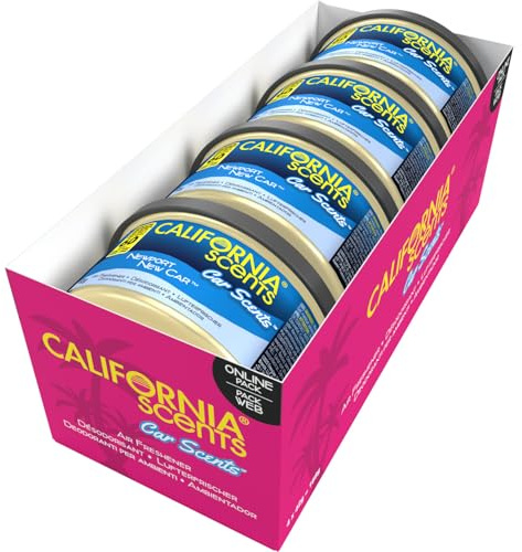 California Scents, Boite de Parfum Voiture - Lot de 4 Désodorisants Senteur Newport Nouvelle, Accessoire Pour Éliminer les Odeurs - Parfum Longue Durée et Ajustable