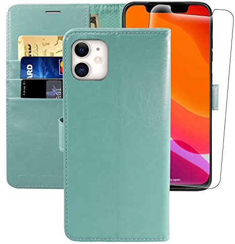 iPhone 12 mini Wallet Case, Flip Folio Leather Cover with RFID Blocking | 5.4 fits 12 mini | Glass protector incl | Holds 3 cards | RFID block | Shockproof | Slim PU leather