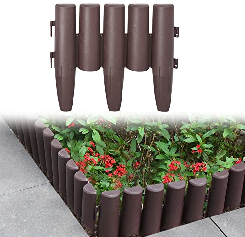UISEBRT Rasenkante Kunststoff 2,8m Holz Optik Beeteinfassung Mähkante, Beetumrandung Rasenkante Wetterfest Gartenpalisade Garden Border Beetzaun, 1 Element (L x H): 28 x 24cm, Braun