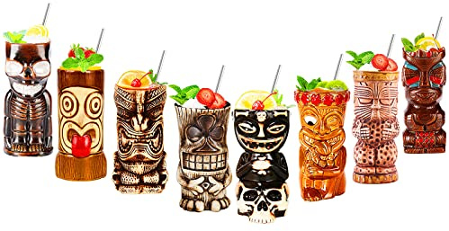 NUACOS Tiki – Taza–Tiki Tazas Set De 8–Vasos De CóCtel Tiki De CeráMica–Copas De Bar Tiki –Fiesta Hawaiana–Copas Tropicales Premium Para Fiestas ExóTica