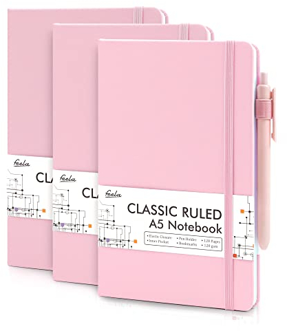 feela Notizbuch A5 liniert Hardcover, 3 Notizbücher Set, Journal Buch mit 3 Gelstifte schwarz, 120 GSM, 13x21cm, Notizblock Set geeignet für Büro, Schule, für Kinder und Erwachsene, Din A5, Rosa