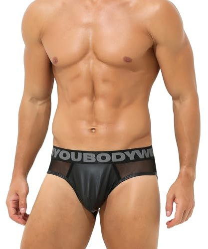 Bodywear4you Herren Jock Brief in Leder Optik mit Mesh Einsätzen – Transparentes Netz Design, Suspensorium mit formgebender Front, Unterwäsche Männer, Schwarz (Schwarz, M)