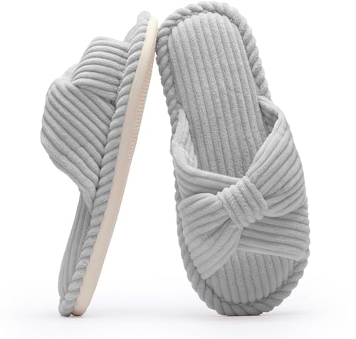 Chantomoo Pantoufles en mousse à mémoire de forme pour femme - Pour la maison, la chambre à coucher, la salle de bain, le spa - Bout ouvert - En velours côtelé - Confortables,Gris,39/40 EU