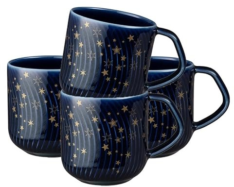 Denby - Porcelain Arc Blue Stars Coffee Mug Set of 4-13.5oz Gold Pattern Tea Mug Set For Office & Home - Dishwasher Safe, Microwave Safe - Ceramic Cups With Blue Glaze