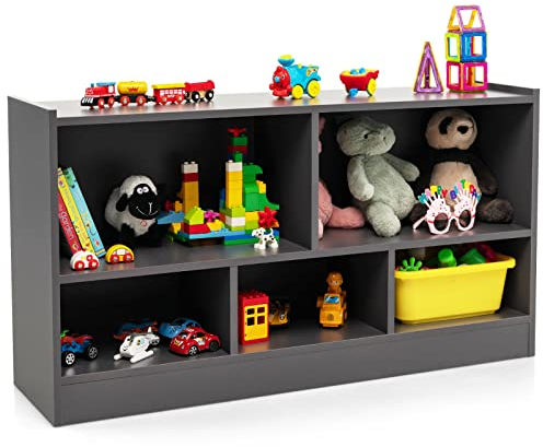 COSTWAY Kinder Spielzeugschrank Holz, Spielzeugregal mit 2 großen Fächern und 3 kleinen Fächern, offen, Kinderregal für Spielzeug, Puppen und Bücher, 111 x 30 x 61,5 cm, Grau