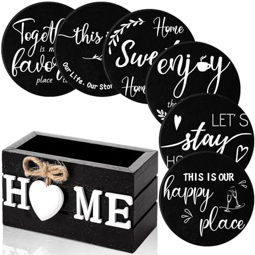 Queekay House Warming Gifts New Home Farmhouse Coasters Set of 6, Black | Wooden Coasters for Drink with Holder, 4'', Funny Home Decoration for Family Coffee Bar Table Protection, New Home Gift Ideas