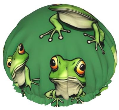 NEZIH Lustige Duschhaube mit grünem Frosch-Druck, weiche Duschhaube für Frauen, doppelte wasserdichte Schichten, Haarkappe, atmungsaktiv