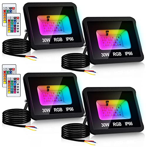 Yakimz 4Stück 30W RGB Strahler Fluter, Farbwechsel Außenstrahler IP66 Wasserdicht Scheinwerfer mit Fernbedienung, 16 Farben 4 Modi Speicherfunktion für Außen Innen Wegbeleuchtung Pfadbeleuchtung