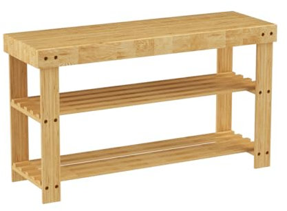 T-LoVendo Estante para Zapatos, Zapatero de bambú, para Entrada, Banco Organizador de Almacenamiento de Zapatos de bambú con 3 Niveles, para Cama, Dormitorio, Pasillo, Color Natural