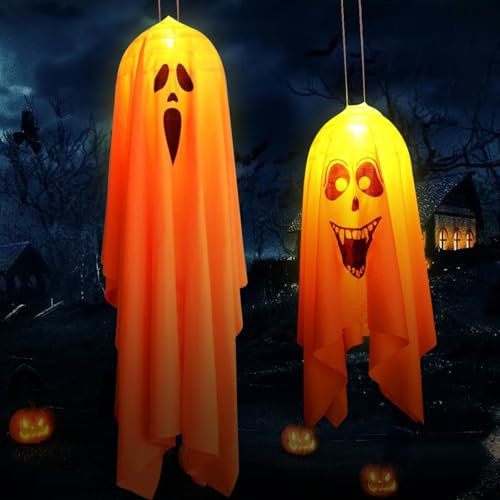 2 Pezzi Halloween Fantasma da Appendere, Luce Fantasma con Espressioni che Ridono e Urlano, Addobbi Halloween con Luci LED, Decorazioni Halloween Casa Esterno (Stile A)