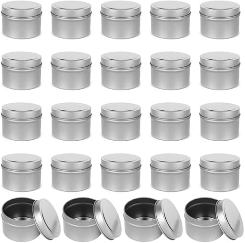 Tutamaz 24 Stück Kerzendosen 4oz,Leer Kerzendosen aus Metall mit Deckel,Kerzengläser zum Kerzen Gießen,Runde Kerzengläser für Kerzen,Handwerk,Schmuck,Kosmetik DIY-Kerzenherstellungszubehör (Silbrig)