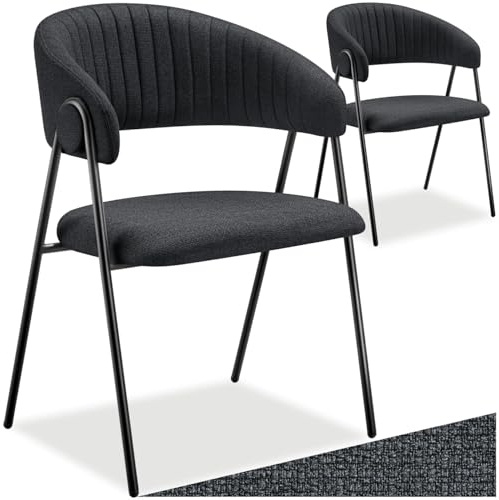 tectake® Armlehnstuhl 2er Set, stylische Esszimmerstühle mit pflegeleichtem Webstoff, C-förmige Rückenlehne mit Steppmuster, Esstisch Stühle mit bequemer Polsterung, Esszimmerstuhl - schwarz