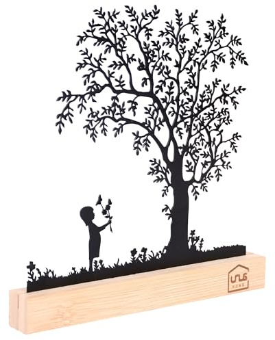 UNUS Deko-Baum Aufsteller, Kind auf Einer Blumenwiese, Frühlingsdekoration | Aufsteller aus schwarzem Metall mit Bambus-Sockel, Deko für Fensterbank, Esstisch, Wohnzimmer