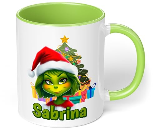 Geschenk zu Weihnachten: Tasse „Weihnachtgrinch-Frau“ personalisiert mit Namen - Adventszeit, Keramik, ca. 330ml, Hellgrün