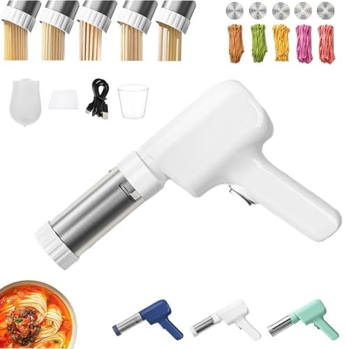 MJMLUCK Electric Idiyappam Maker, Handheld Electric Pasta Maker, 5-In-1 Cordless Pasta Machine, Idiyappam Maker Indian Electric, Automatic Household Noodle Pressing Machine, 5 Molds (White)