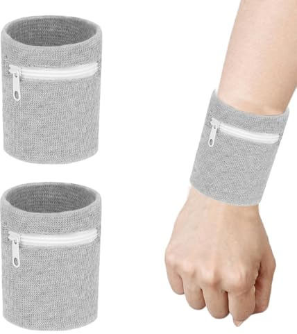 JEYORZY 2 Stück Schweißband mit Reißverschluss, Sport Wristband Handgelenktasche mit Praktischer Reißverschlusstasche, Handgelenk Schlüssel Tasche, Schweißband Arm für Jogging und Tennis Sport, grau