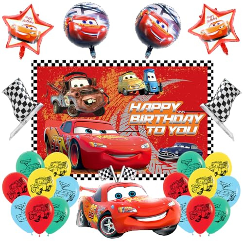 Cars Decoración de Cumpleaños para Niños Auto Kit de Fiesta de Cumpleaños Cars Fondo de Cumpleaño para Infantiles Incluye Banderín, Globos de Foil y Toppers para Tarta