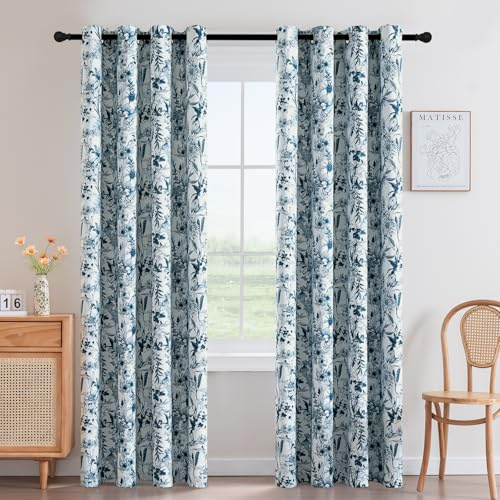 H.VERSAILTEX Blackout Curtains 84 Inch Length 2 Panels Set Floral Print Curtain Drapes for Living Room Thermal Insulated Grommet Window Curtains for Bedroom - French Jouy Flora in Stone Blue