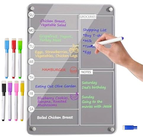 Magnetic Meal Planner - Acrylic Weekly Board, Transparent Kitchen Card, Fridge Dry Erase Organiser Pad for Planning, Clear Reusable Whiteboard for Family Plan for Food Tubes