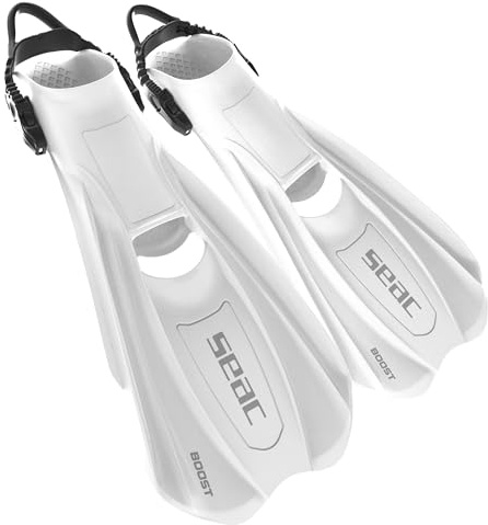 SEAC BOOST – Pinne da Snorkeling e Sub con Cinturino Sling Ultra Confortevole | Da Usare Anche Senza Calzari o Calzini | Extra Leggere, Antiscivolo, Bianco