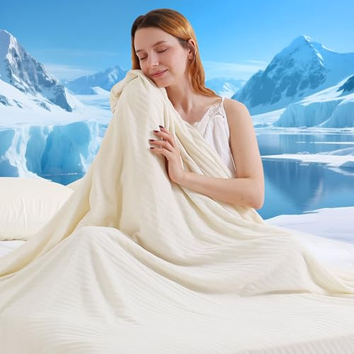 Marchpower Kylfilt 220 x 200 cm, gosig filt, fluffig sommarfilt, mjuk sofffilt, 2-i-1 dubbelsidig överkast, filtar alla årstider, sofffilt, filt för resefilt, vit beige