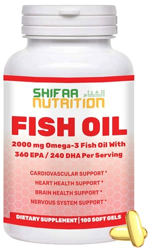 SHIFAA NUTRITION Halal Fish Oil 2000mg Softgels with 360mg EPA & 240mg DHA. 100 Wild Caught & Non-GMO Omega 3 Softgels for Heart & Brain Health. Burpless, Easy-to-Swallow Fish Oil Omega 3 Supplements