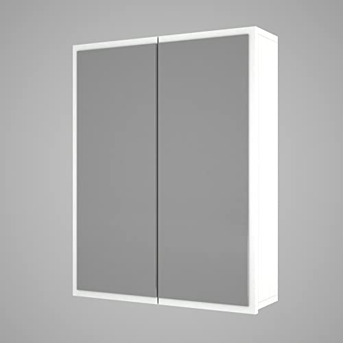 6597 Kayla Mehrzweckschrank Badschrank Küchenschrank Apothekerschrank mit Spiegel, modern, Holz, Weiß, 3 Regalfächer, Schrank mit 2 Türen, 60 x 76,6 x 17 cm