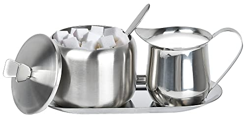 Sugar and Creamer Set, Coffee Serving Set, Stainless Steel Latte Milk Cup Cream Jug and Sugar Bowl with Lid and Spoon Tray Server for Coffee Tea Pepper Spices
