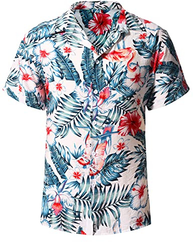 heekpek Camicia Hawaiana Uomo Manica Corta Estiva Camicia Floreale Uomo Casual Spiaggia Camicia Hawaiana Fiori Regular Fit Camicia Tropicale Stampa, Fiore di Bianco, XL