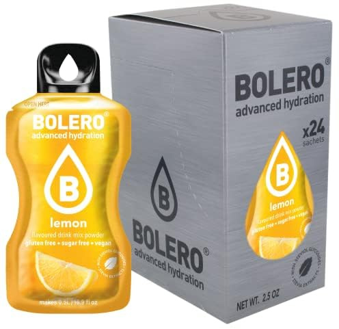 Bolero LEMON 24x3g | Jus en poudre sans sucre, édulcoré à la stévia + vitamine C | pour enfants et sportifs | sans gluten, végétalien | saveur de citron