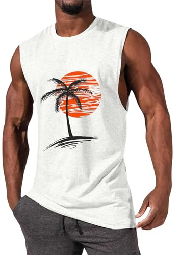 Mens Sleeveless Summer Vest Hawaii Beach Tank Tops Casual Cotton Vest Tops White XL