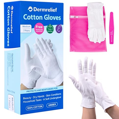 Dermrelief Cotton Gloves - for Beauty, Dry Hands, Eczema, Dermatitis and Psoriasis (7 Pairs) with Free Gifts (Professional Nail Buffer & Washing Bag) (Medium)
