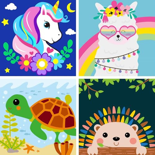 Jozutoyz 4 Stück Malen Nach Zahlen Kinder, Malen Nach Zahlen ab 5 6 7 8 Jahre Mädchen Anfänger Ölgemälde Kit mit Pinseln Leinwand Acrylfarbe Als Geschenk 20 x 20 cm (Tiere A)