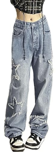 YINGWIN Star Jeans dam jeans Y2k jeans baggy boyfriend jeans dam, blå, M