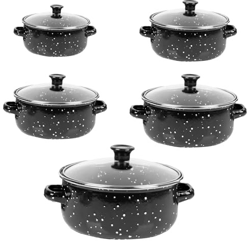 5pcs Enamel Pot Set,Induction Compatible Enamelware Stockpot & Stew Pot | Cooking Pan with Glass Lid,Ceramic Stockpot, Flat Bottom Stew Pot for Canning,Camping & Kitchen Use