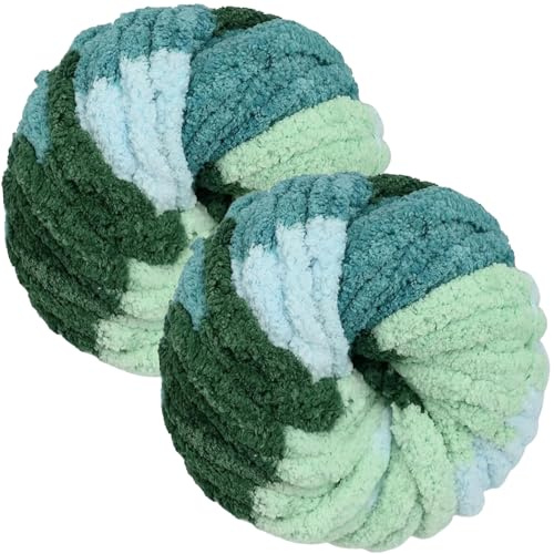 Chunky Yarn for Hand Knitting 250g x 2, Super Soft Thick Arm Knitting Wool for Crochet & Knitting, Fluffy Chenille Yarn for Cosy Blankets, Scarves, Hats (Gradient Green)