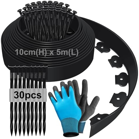 5m Flexible Rasenkante aus Kunststoff,10cm Hoch Beeteinfassung Beetumrandung Kunststoff, Rasenkanten Beetbegrenzung Mähkante Pflastersteine Palisade mit 30 Erdanker und 1Paar Handschuhe - Schwarz 5m
