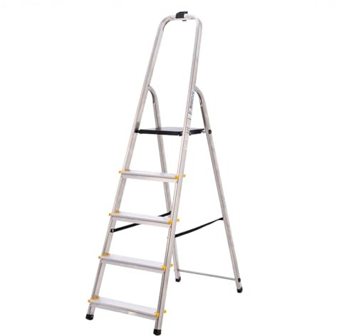 BiGDUG Aluminium Step Ladder - 5 Step Folding Ladder - Non-Slip Surface Hand Rails 5 Tread - Closed Height 1680 mm Platform Height 970 mm
