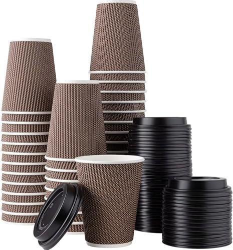 8oz Ripple Coffee Cups with Lids 400 Pack | Triple Wall Insulated Brown Kraft Paper Cups | Disposable Leakproof Hot Drink Cups for Tea, Coffee, Cappuccino, Takeaway, Catering & Office